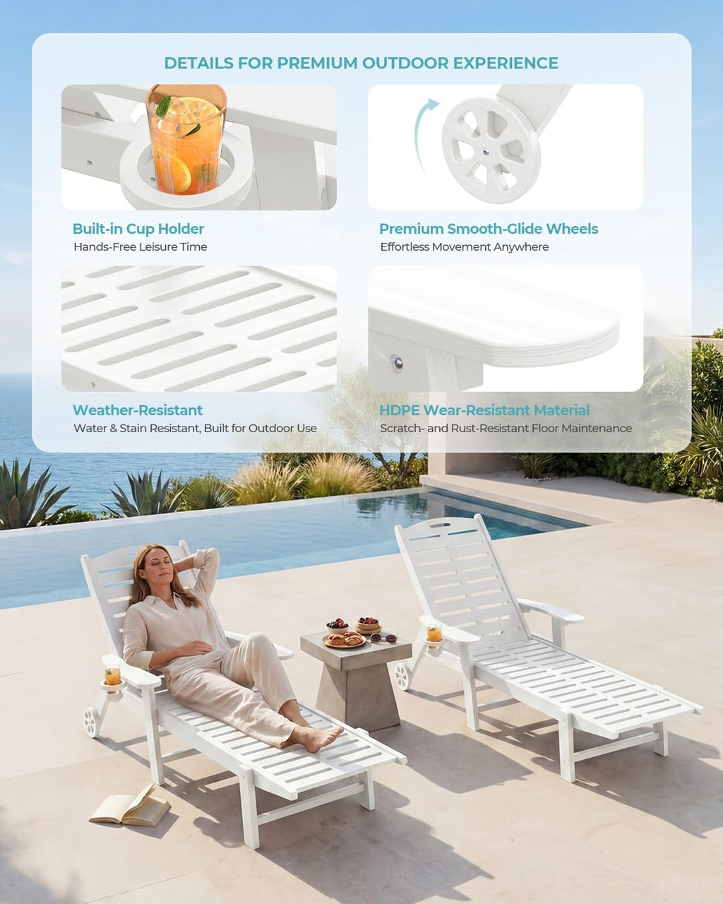 Ciokea Outdoor Chaise Lounge Chair, 5-Position Adjustable, White | HDPE All-Weather Chaise Lounge, UV Resistant, Armrests, Wheels, Cup Holder, 350 lbs Capacity, Outdoor Relaxation