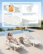 Ciokea Outdoor Chaise Lounge Chair, 5-Position Adjustable, White | HDPE All-Weather Chaise Lounge, UV Resistant, Armrests, Wheels, Cup Holder, 350 lbs Capacity, Outdoor Relaxation