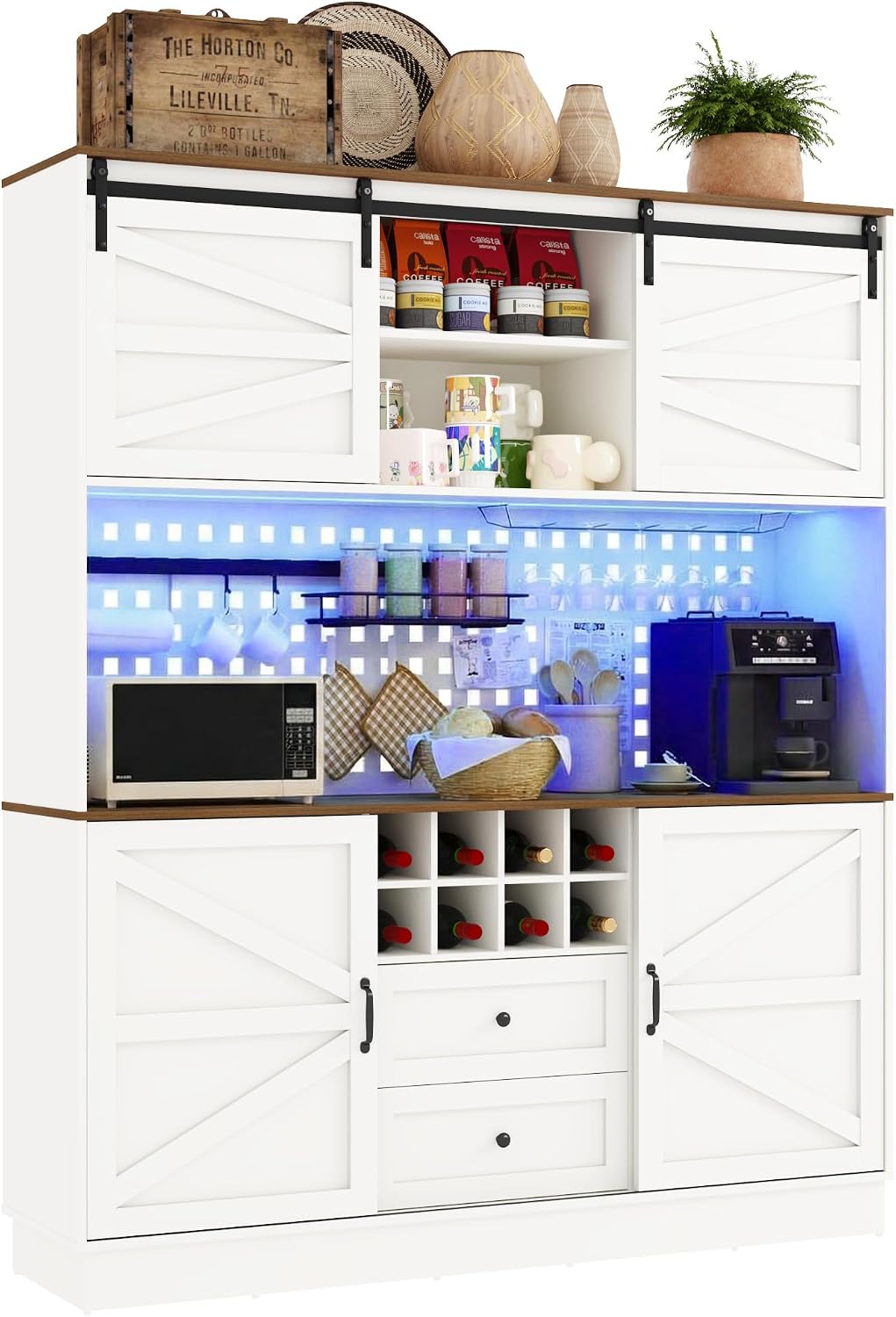 75”Tall 63"W Extra Large Farmhouse Kitchen Storage Pantry Hutch Cabinet w/Power Outlet,Pegboard,Coffee Bar Cabinets,LED Light,Microwave Shelf,Wine Rack,4 Barn Doors,2 Drawers, Dining Room,Black