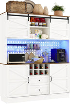 75”Tall 63"W Extra Large Farmhouse Kitchen Storage Pantry Hutch Cabinet w/Power Outlet,Pegboard,Coffee Bar Cabinets,LED Light,Microwave Shelf,Wine Rack,4 Barn Doors,2 Drawers, Dining Room,Black
