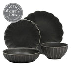 Gibson Elite Malibu Shore 16 Piece Scallop Stoneware Reactive Glaze (Service for 4) Ceramic Plates and Bowls Dinnerware Set - Black