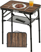 Folding TV Dinner Tray Table, Adjustable Height Sofa Snack Table | Portable Table with Storage Net, Lightweight Aluminum Couch End Table for Living Room, Bedroom, Camping, Patio, Rustic Brown