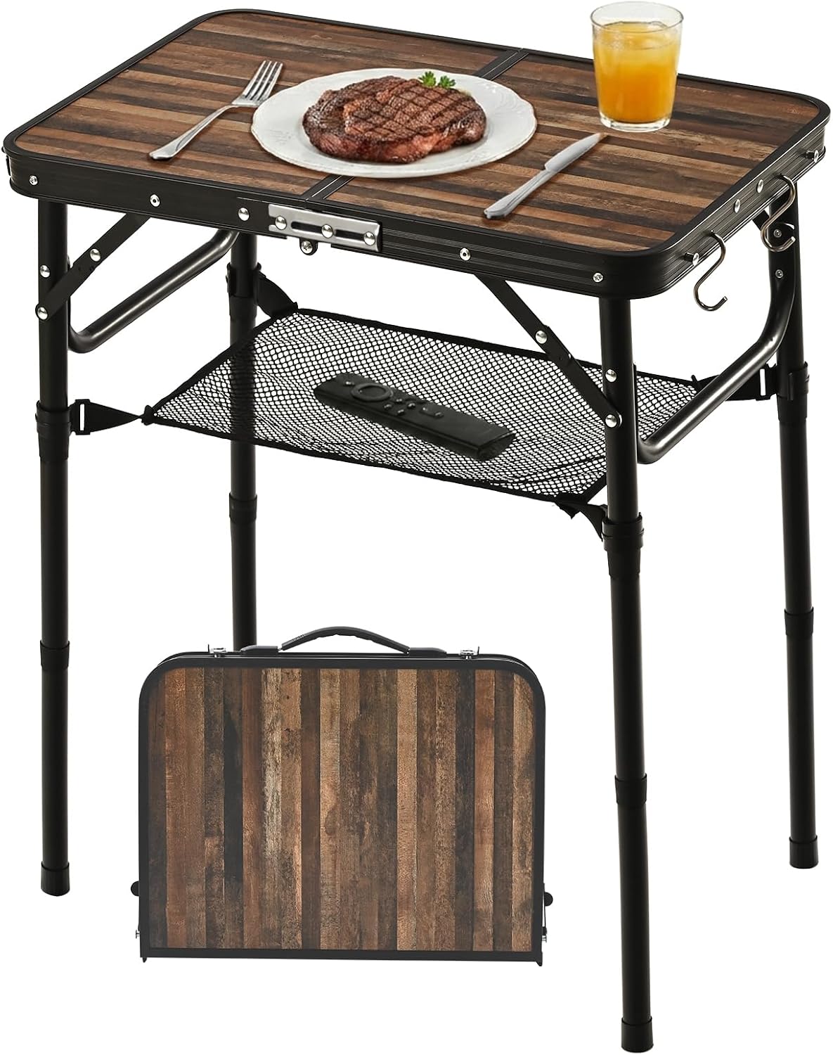 Folding TV Dinner Tray Table, Adjustable Height Sofa Snack Table | Portable Table with Storage Net, Lightweight Aluminum Couch End Table for Living Room, Bedroom, Camping, Patio, Rustic Brown