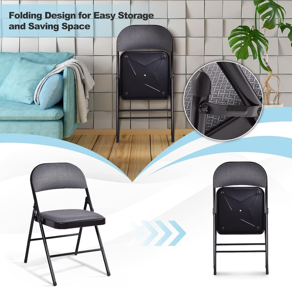 GOFLAME 6 Pack Folding Chairs, Fabric Dining Chair Set with Padded Seat & Metal Frame, Indoor Outdoor Upholstered Commercial Seat for Home Office Events Wedding Party, Grey & Black