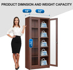 Polup Glass Display Cabinet, Display Case with Glass Doors and Shelves, Metal Curio Cabinets with Locking, 71" Tall Bookcase with Glass Doors for Home, School, Clinic (Wood Color)- Assemble Required