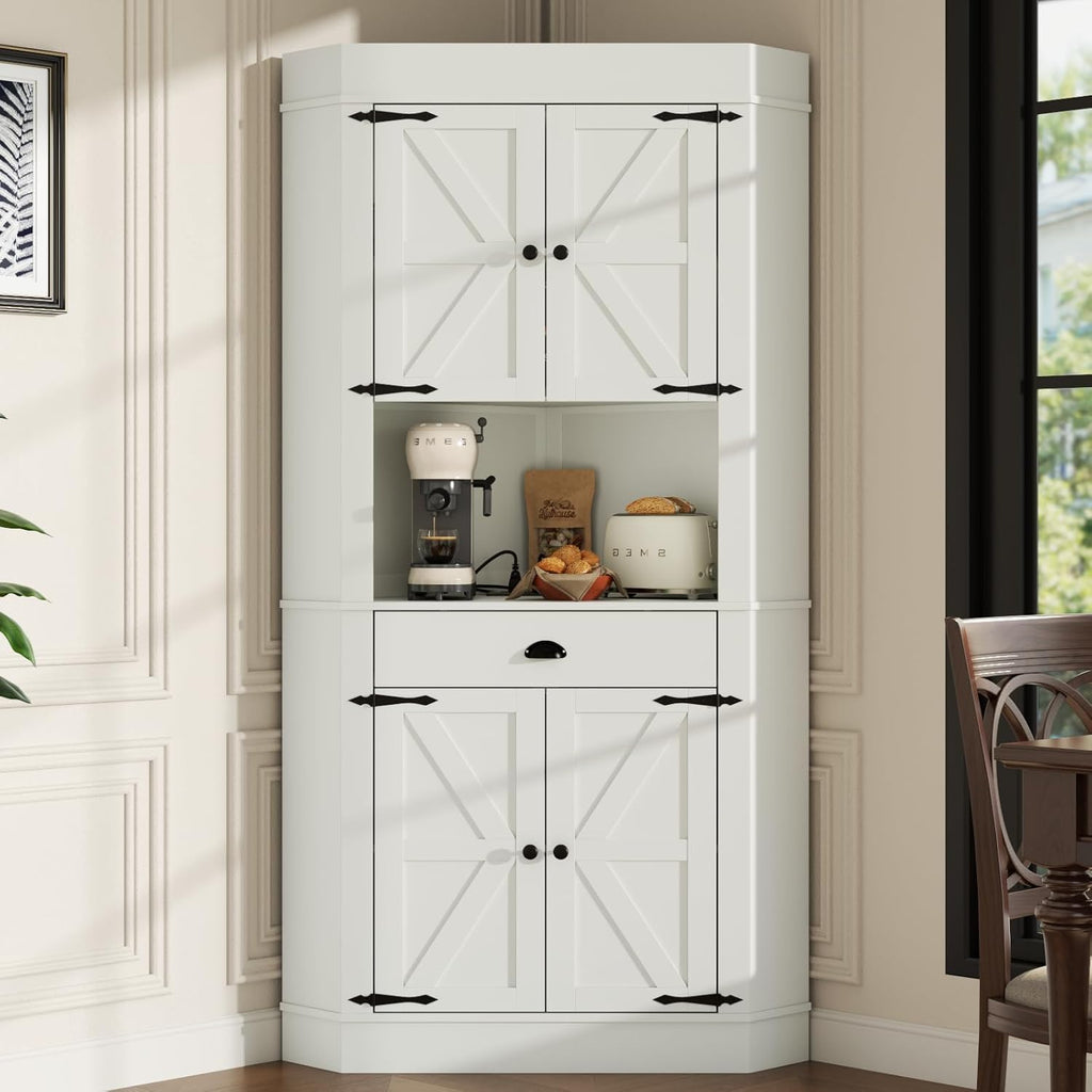 74"Corner Cabinet with Charging Station,Kitchen Pantry Storage Cabinet with Drawer,Freestanding Kitchen Pantry Cabinets with Doors and Shelves,Farmhouse Food Hutch for Dining Room,Living Room(White)