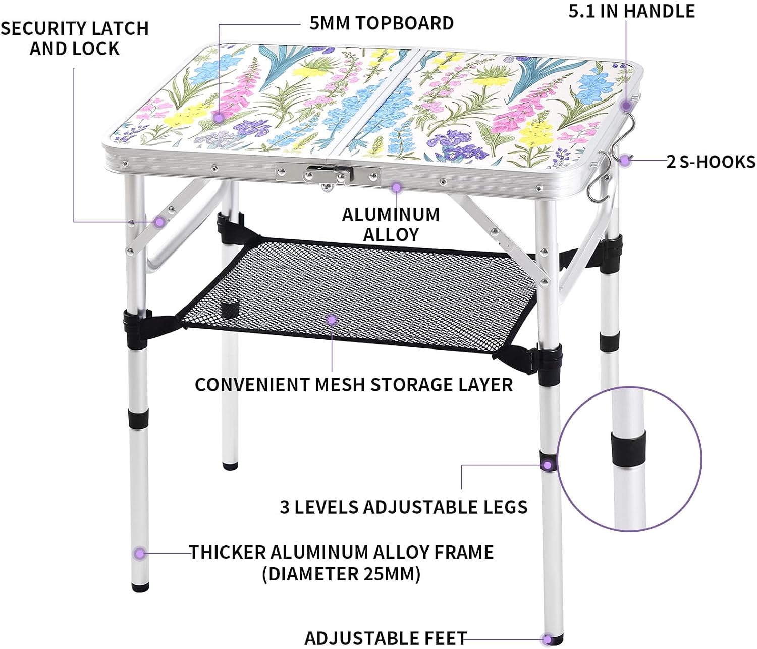 Yriuat Folding Camping Table 2ft Portable Picnic Table, Blooming Floral | Adjustable Height, Carry Handle, Aluminum Foldable Lightweight Small Card Table for Outdoor, Indoor, Hiking, Camp, BBQ, Beach
