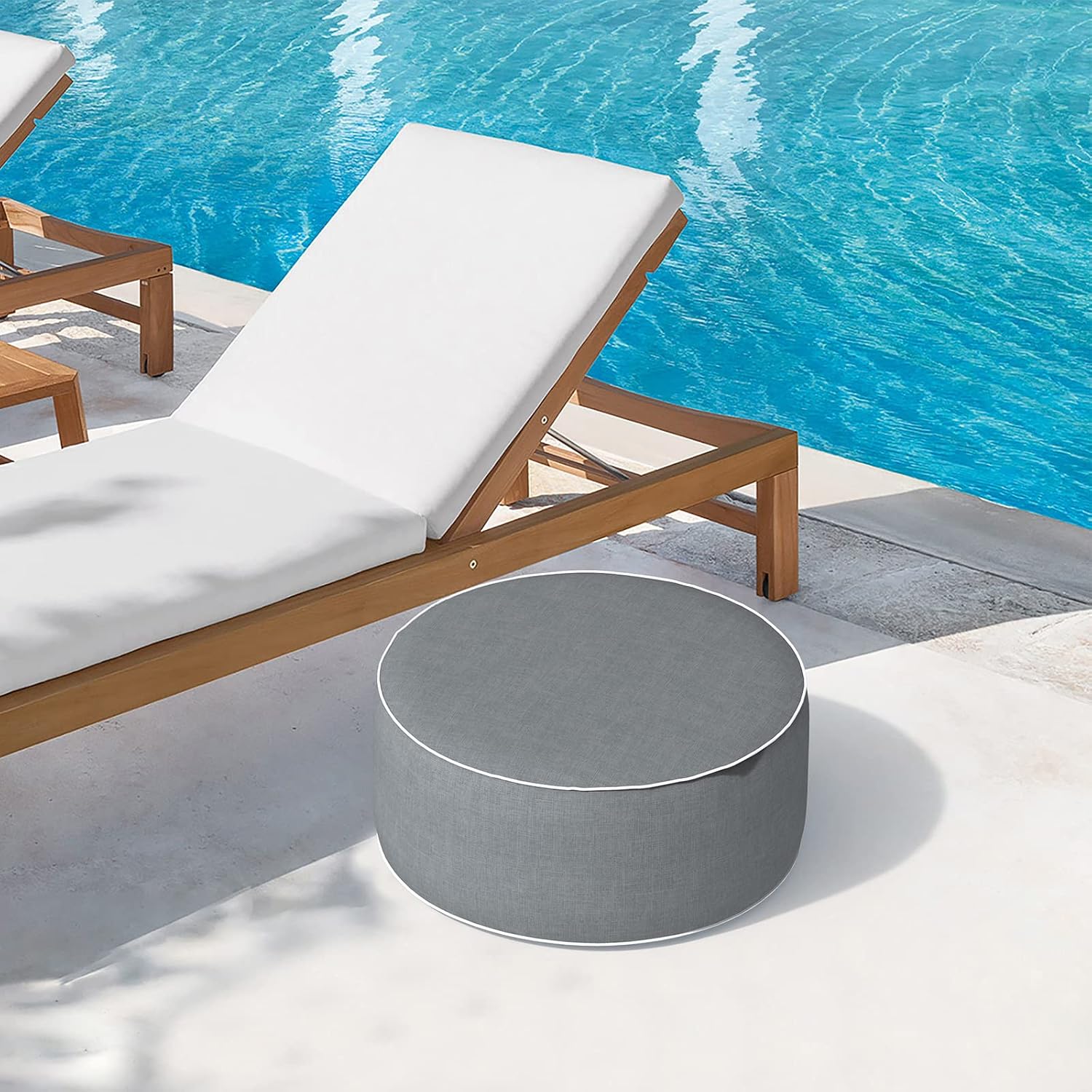Indoor/Outdoor Inflatable Ottoman D21 x H9 inch, Round Footstool Inflatable Foot Rest Ottoman with Handle, Portable Pouf for Patio, Garden, Camping, Home, Textured Gray