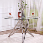 Glass Round Dining Table, 47.2" Modern Round Table with Silver Mirrored Geometric Legs, Gorgeous Clear Circle Table for Kitchen Dining Room, Apartment, Small Spaces