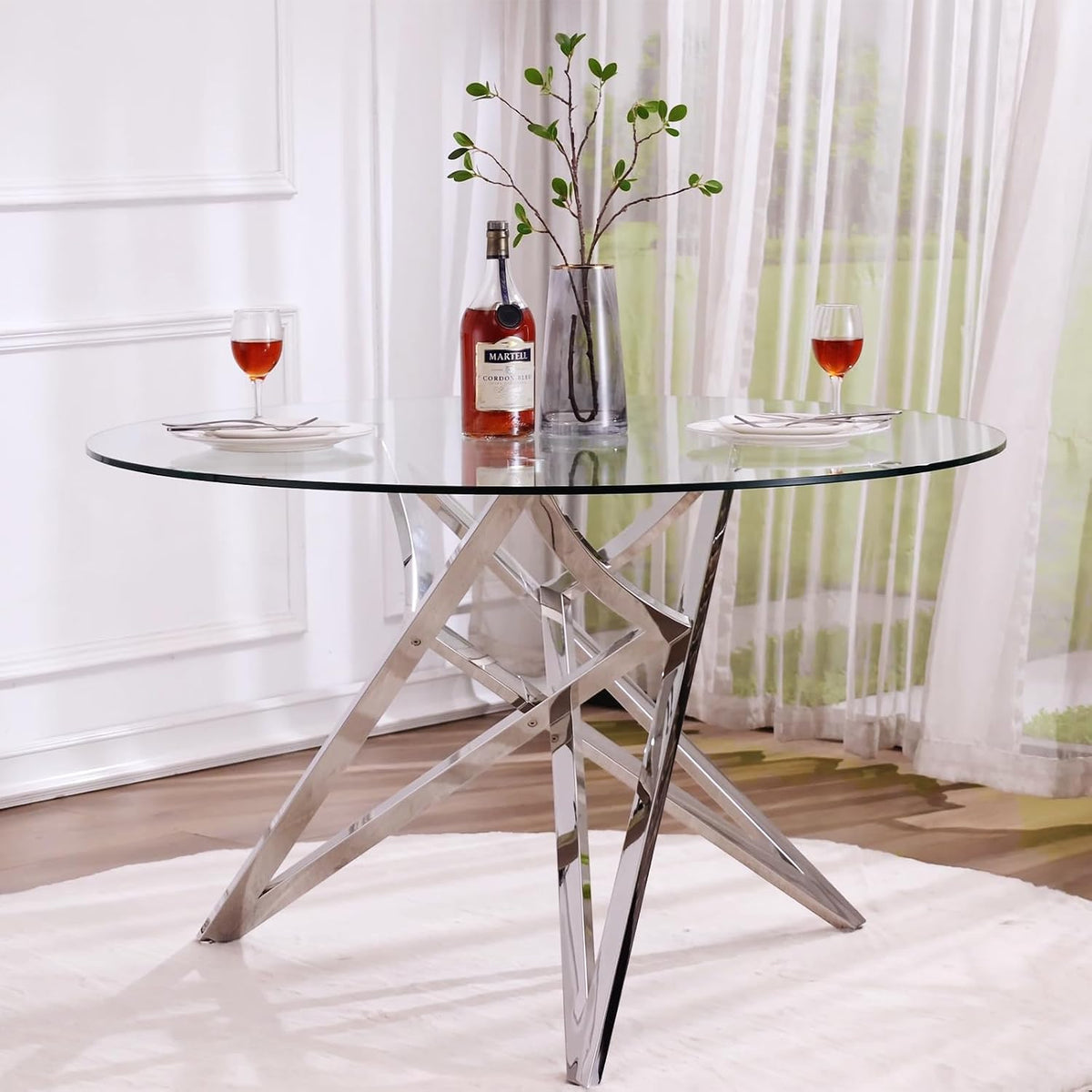 Glass Round Dining Table, 47.2" Modern Round Table with Silver Mirrored Geometric Legs, Gorgeous Clear Circle Table for Kitchen Dining Room, Apartment, Small Spaces