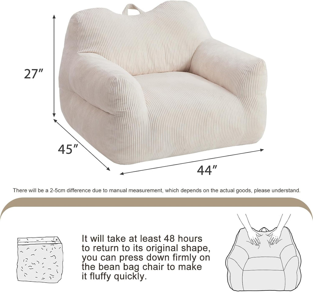 HUGHEAVEN Big Bean Bag Chair for Adults, Giant Oversized Bean Bag Couch, Comfy Reading Chair with Armrests, Soft Cozy Chair for Bedroom, Lounge Sofa for Gaming, Napping & Relaxing, Beige