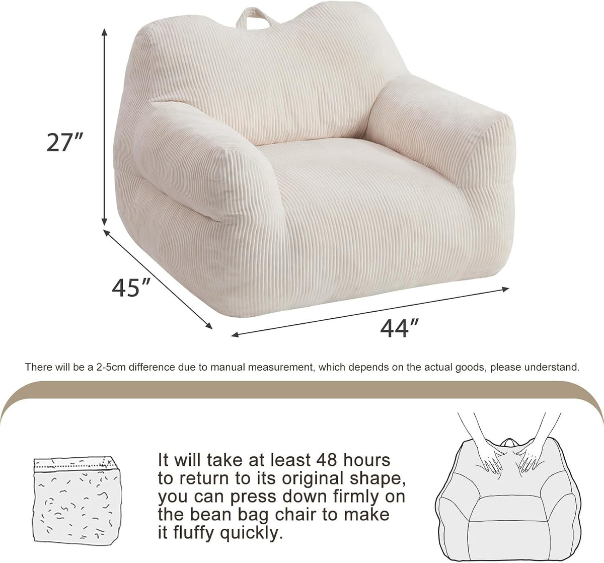 HUGHEAVEN Big Bean Bag Chair for Adults, Giant Oversized Bean Bag Couch, Comfy Reading Chair with Armrests, Soft Cozy Chair for Bedroom, Lounge Sofa for Gaming, Napping & Relaxing, Beige