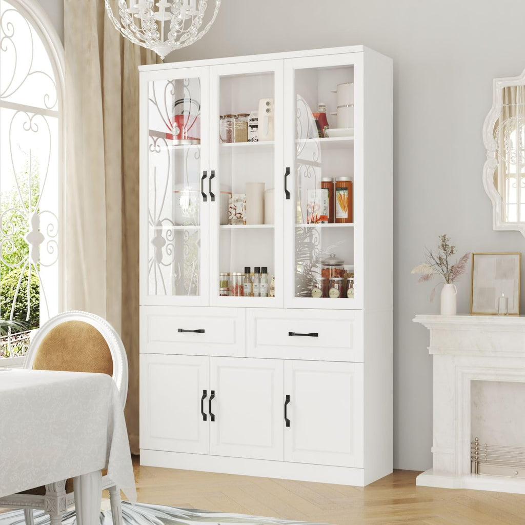 MOUMON Pantry Cabinet Kitchen Storage Cabinet with 3 Glass Doors, Kitchen Pantry with Shelves & 2 Drawers, White (47.2”W x 15.7”D x 78.7”H)