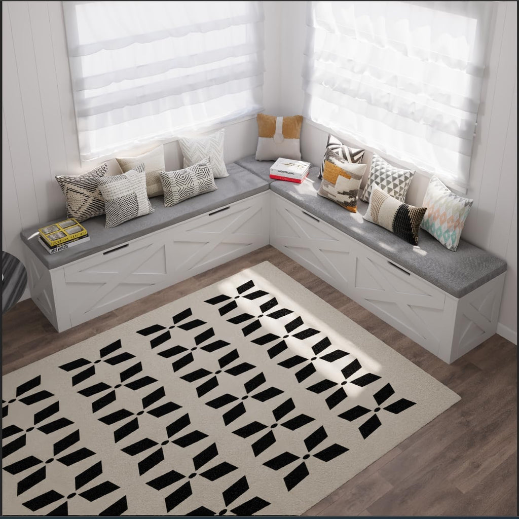 Bobve L-Shape Storage Bench with Cushion, Backless Corner Dining Bench, Kitchen Dining Nook Bench with Hidden Storage for Dining Room, Kitchen, Entryway (White+Grey)