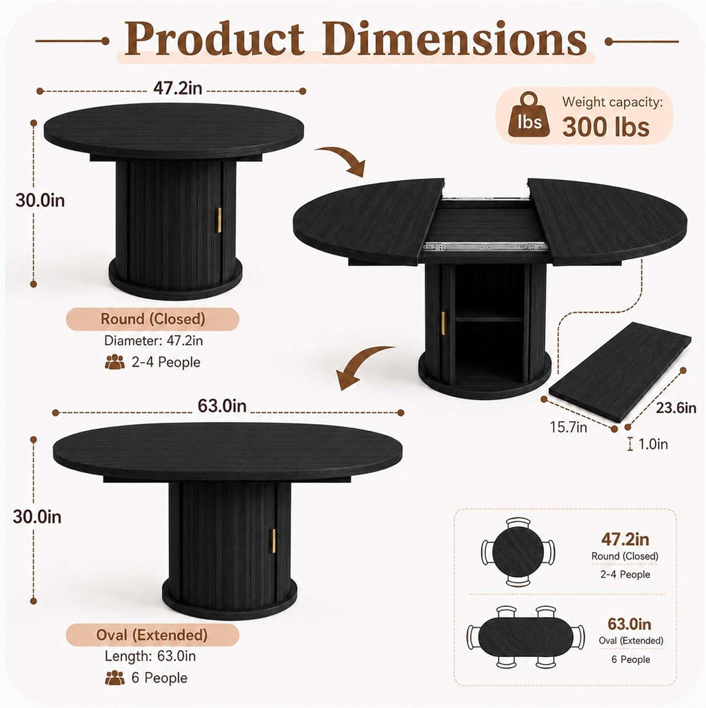 47-63" Extendable Round Dining Table with Storage for 4-6 Person, Fluted Circle Dining Table with 2-Tier Shelves|Leaf, Space-Saving Design (Black, 4-6 Person)