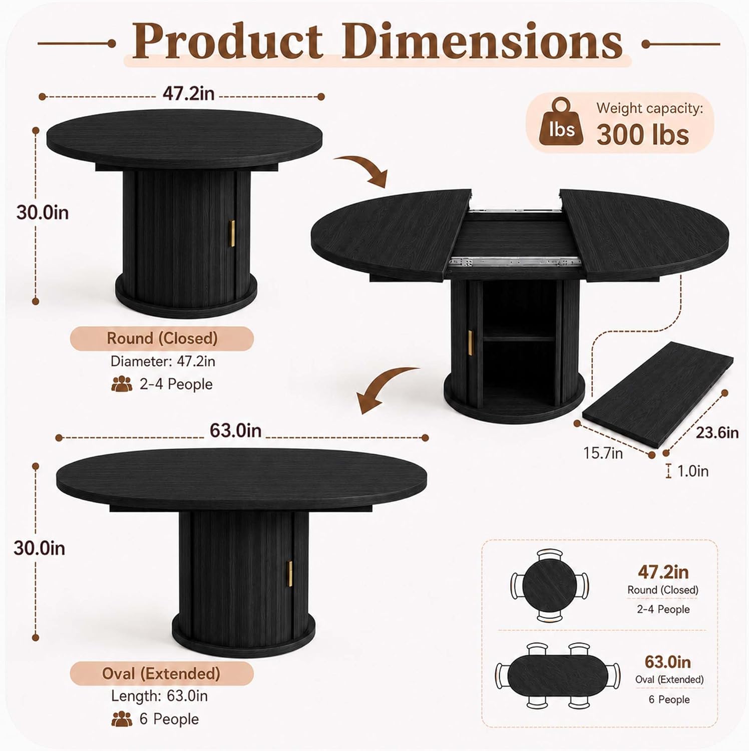 47-63" Extendable Round Dining Table with Storage for 4-6 Person, Fluted Circle Dining Table with 2-Tier Shelves|Leaf, Space-Saving Design (Black, 4-6 Person)