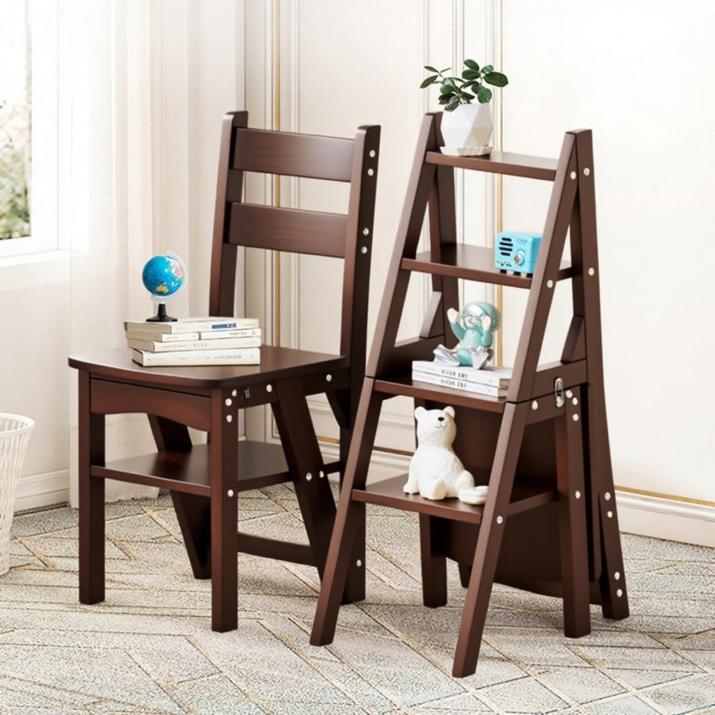 Solid Wood 3-in-1 Folding Ladder Chair, Convertible Step Stool & Display Rack, 4-Tier Multi-Functional Ladder, Dual Purpose for Home, Kitchen, Library, 265 lbs Capacity (Walnut Color, 13 x 18 x 35 in)