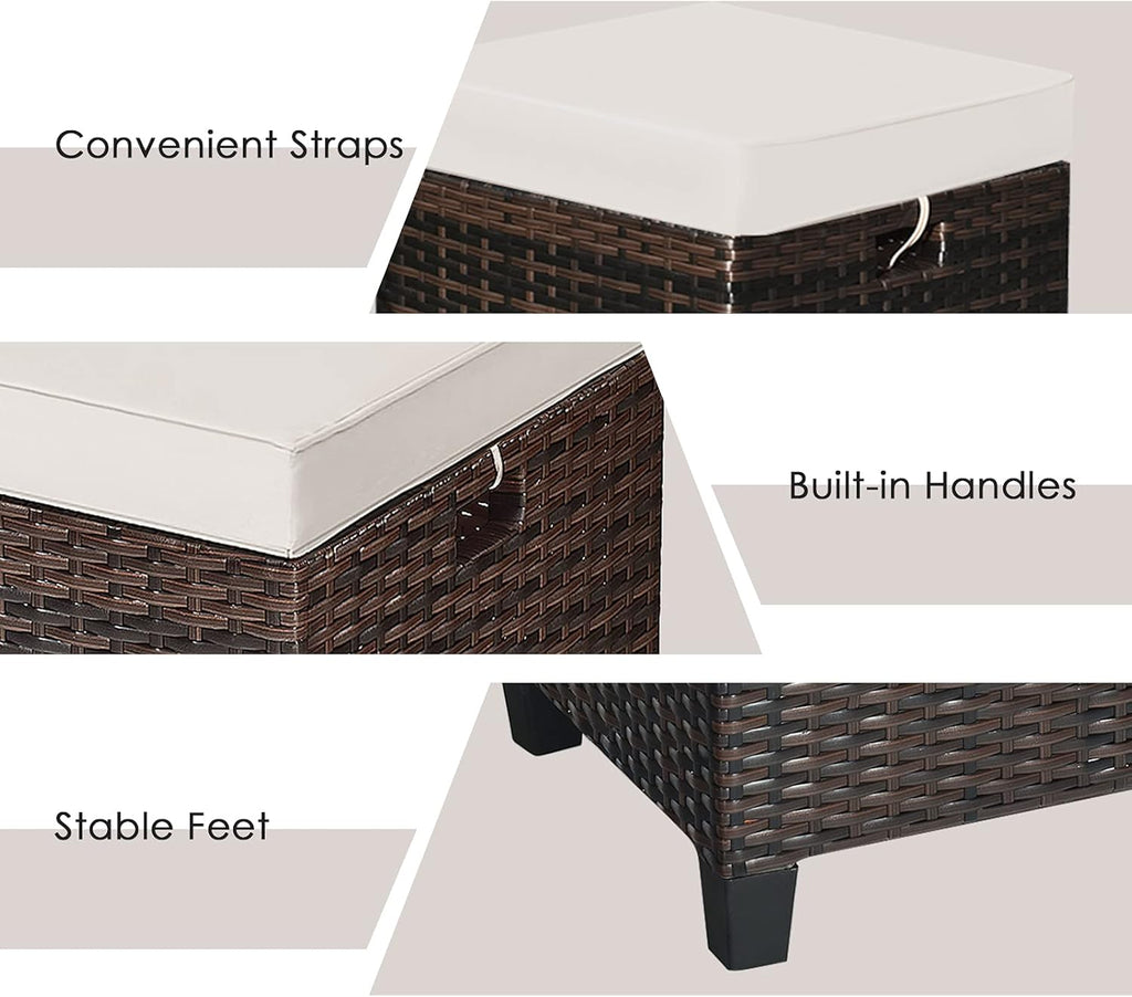 RELAX4LIFE 2-Piece Patio Ottoman Set - Wicker Footstools, All Weather PE Rattan Ottoman with Removable Cushions, Square Footrest Seat, Outdoor Stools for Garden, Porch, Pouf Ottoman (Brown)