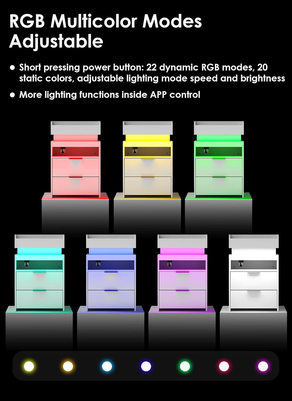 Turosur White Nightstand with Charging Station and LED Lights, Modern Beside End Table with USB and Type-C Port for Bedroom Gaming Room