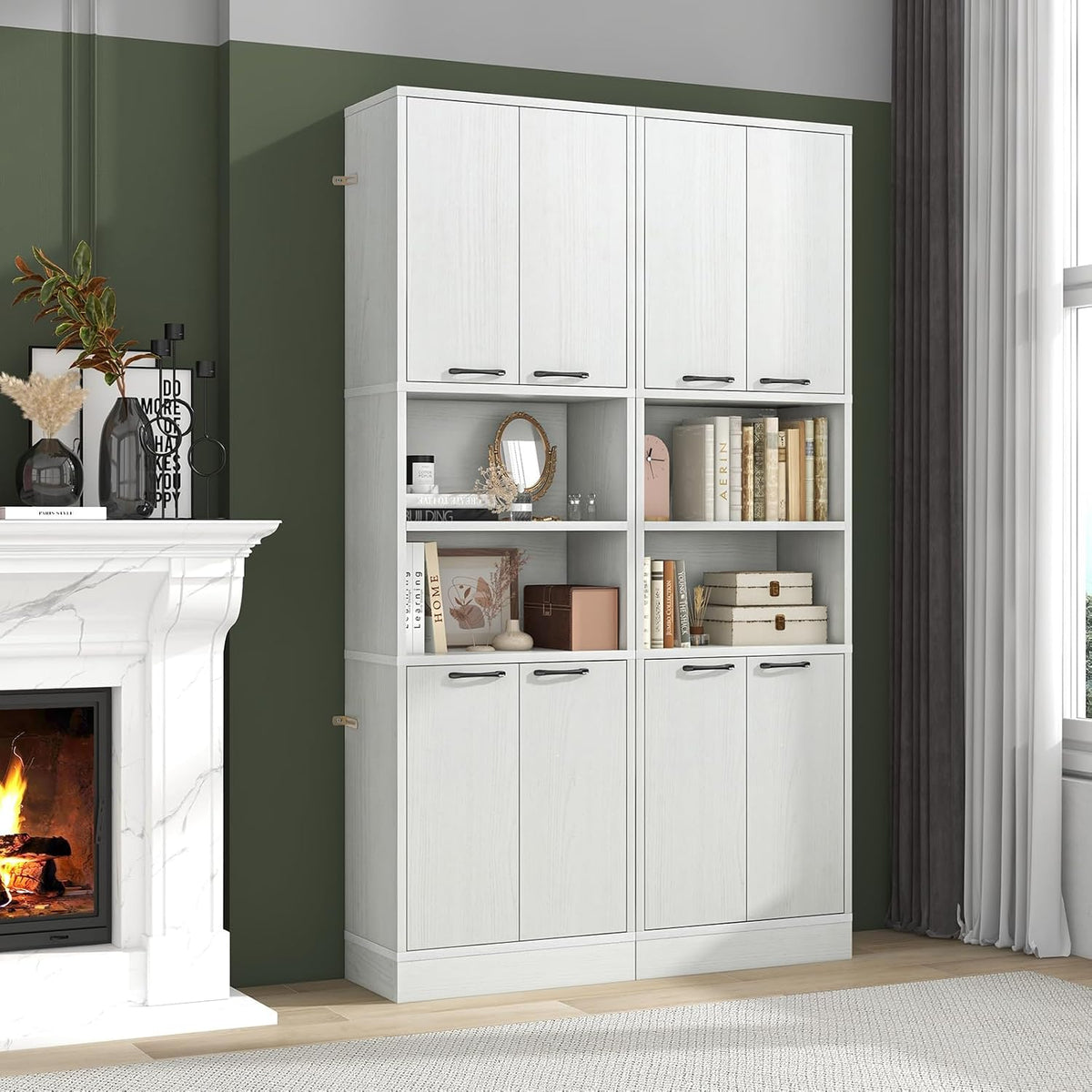 TANGZON 190CM Tall Kitchen Cupboard, 4-Door Storage Cabinet with Enclosed Cabinets, Open Compartments & Anti-tipping Kits, Freestanding Wooden Tall Sideboard for Pantry Dining Living Room (White Oak)