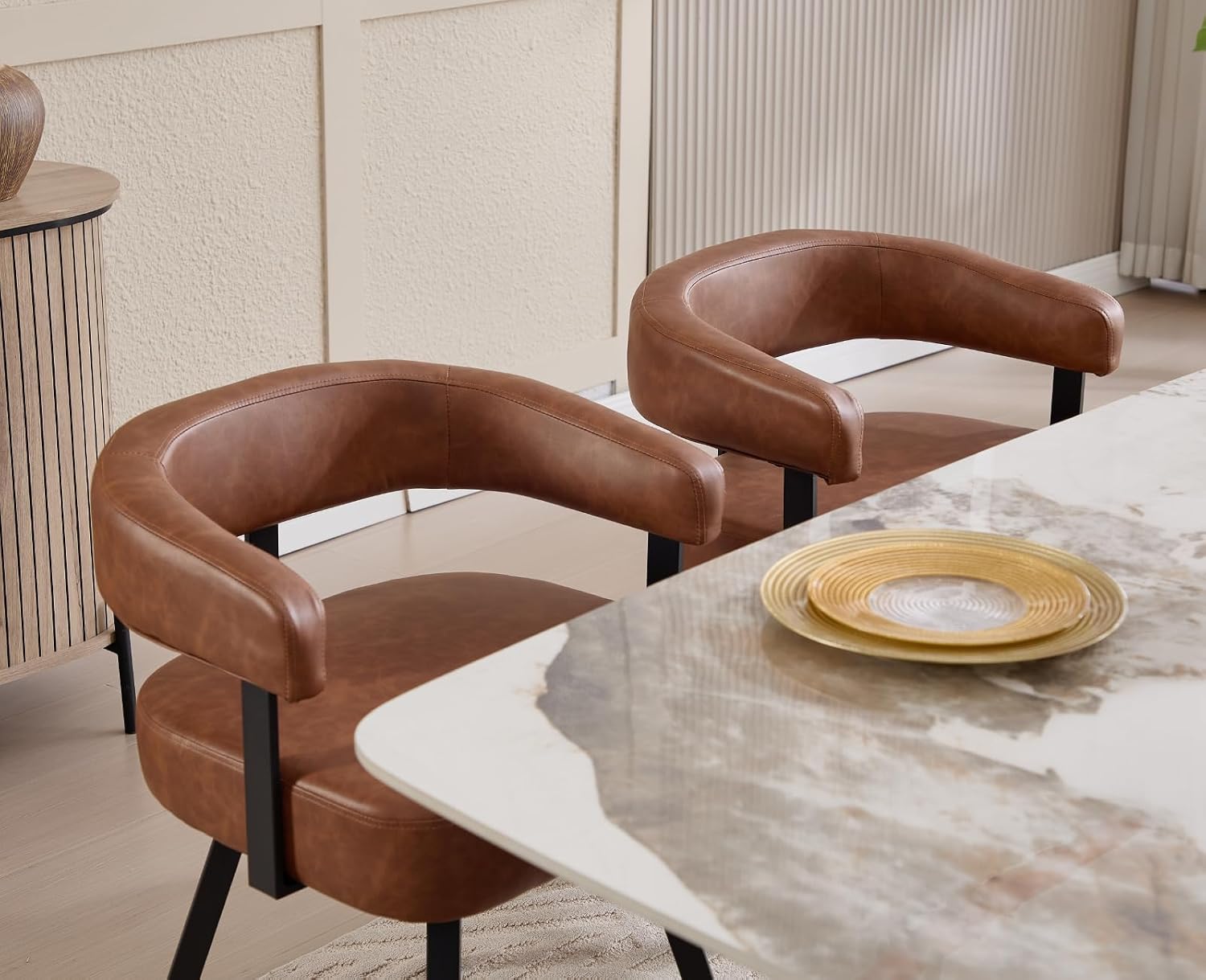 Shunzhi Brown Upholstered Leather Dining Chairs Set of 6 Modern Barrel Dining Room Chairs Comfy Kitchen Chairs Armless PU Side Chair with Curved Back for Living Room/Restaurant