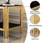 20” Square Glass End Table, 2-Tier Side Table with Black Tempered Glass Top Golden Mirrored Stainless Steel Legs, Modern Luxury Nightstand Bedside Table with Lower Shelf for Living Room