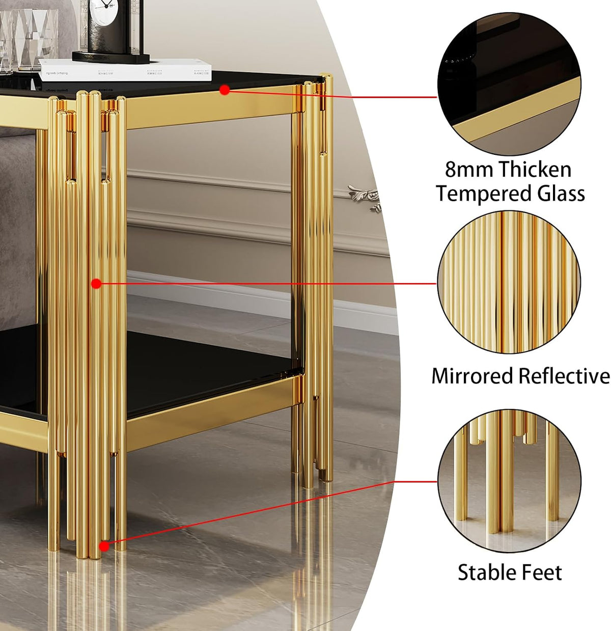 20” Square Glass End Table, 2-Tier Side Table with Black Tempered Glass Top Golden Mirrored Stainless Steel Legs, Modern Luxury Nightstand Bedside Table with Lower Shelf for Living Room