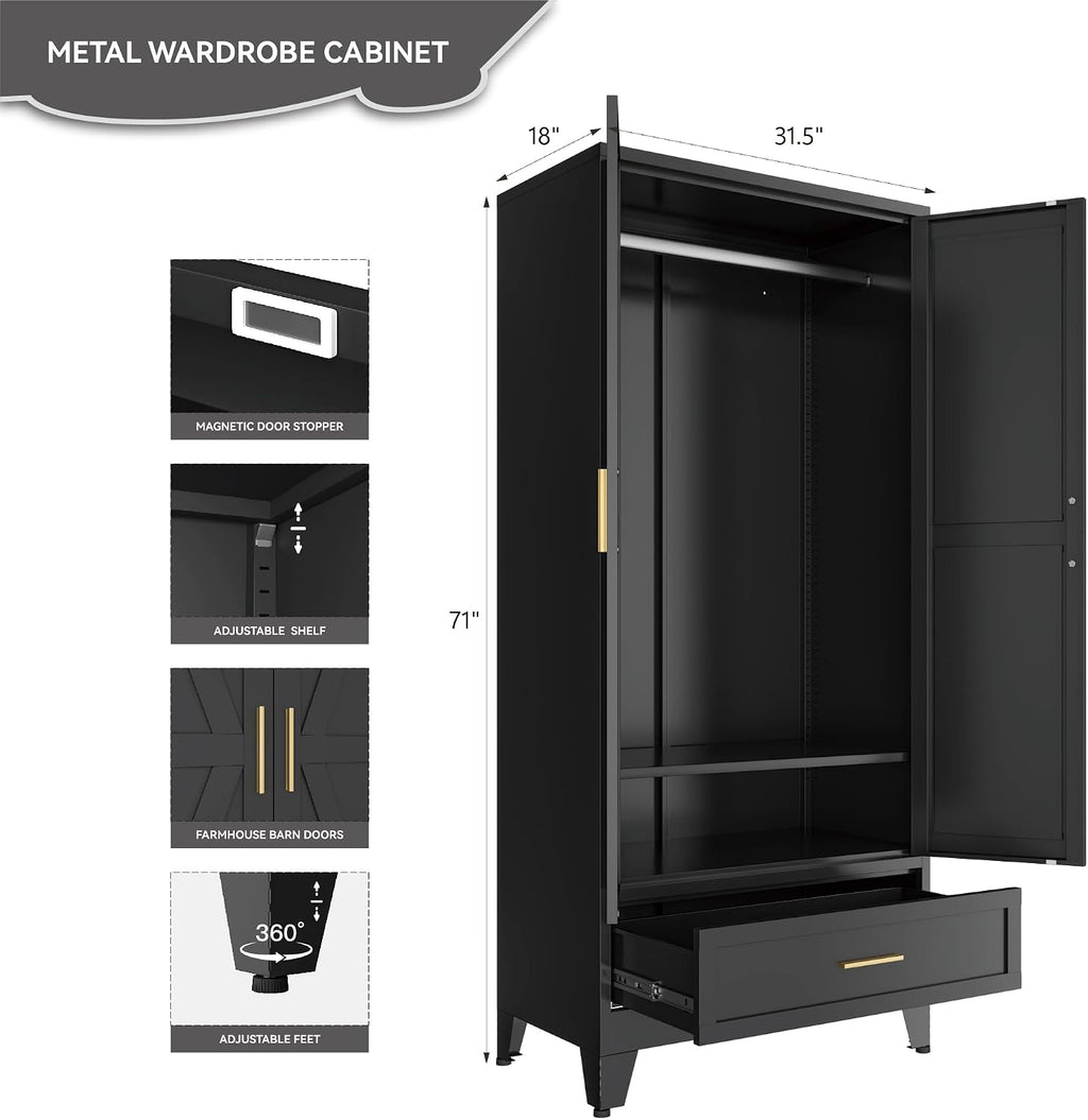 Black Metal Wardrobe Closet, Steel Armoire Wardrobe with Drawer Clothes Cabinet for Bedroom, 71" Tall Farmhouse Armoire Closet with Drawer, Shelf and 2 Doors Clothing Storage Cabinet with Hanging Rod