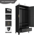 Black Metal Wardrobe Closet, Steel Armoire Wardrobe with Drawer Clothes Cabinet for Bedroom, 71" Tall Farmhouse Armoire Closet with Drawer, Shelf and 2 Doors Clothing Storage Cabinet with Hanging Rod