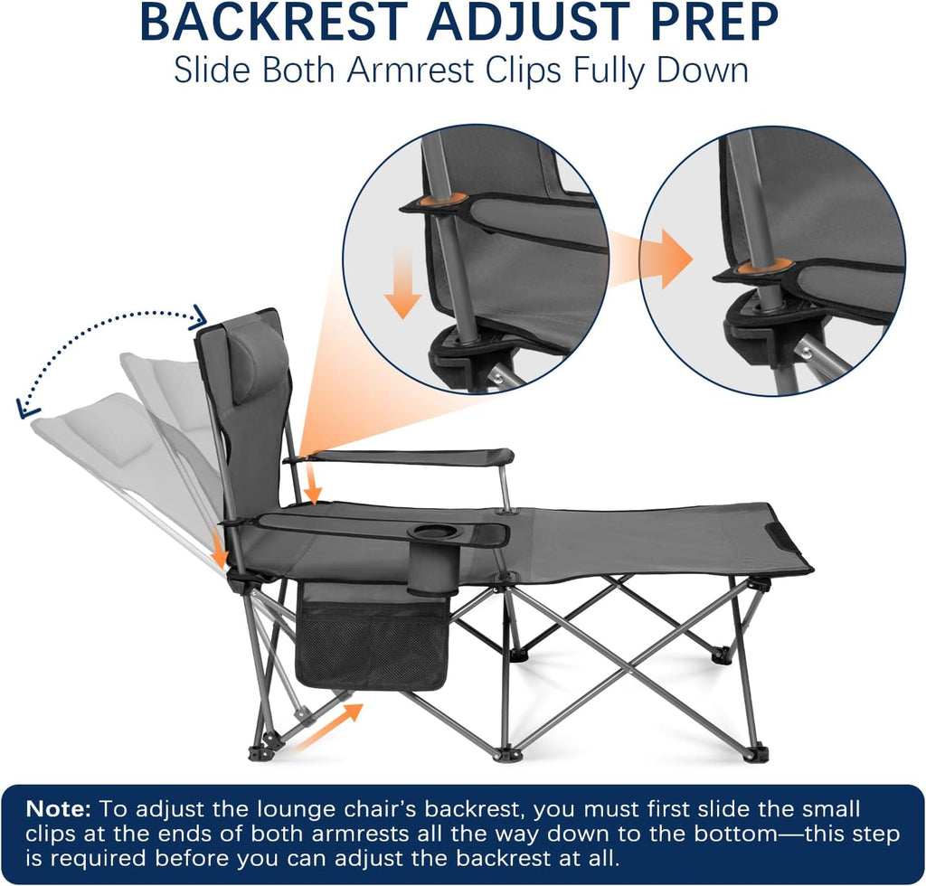 apollo walker Reclining Beach Chair, Adjustable 90-135° Backrest Camping Lounge Chairs for Adults, Folding Chair with Foot Rest & Detachable Pillow - Standard 6-Leg, Grey