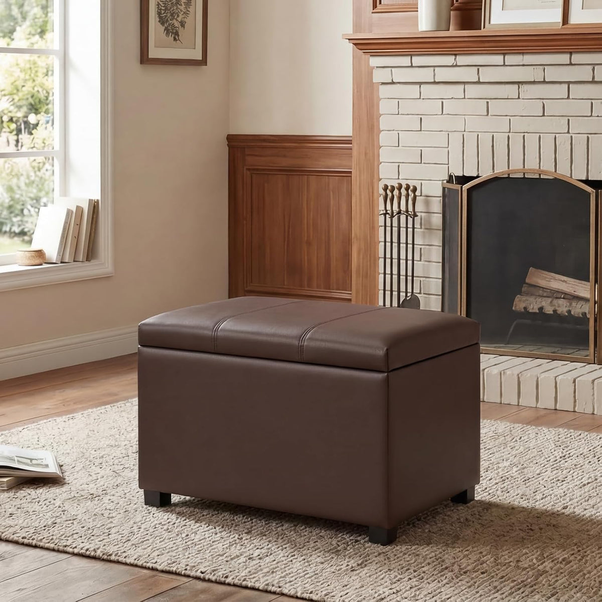 Joveco 24" Leather Storage Ottoman Bench, Rectangle Foot Rest Stool for Living Room, Bedroom, Entryway, Brown