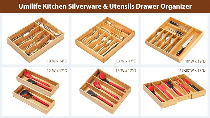 Umilife Bamboo Kitchen Drawer Organizer, 7 Inch Silverware Utensils Tray Holder for Small Drawer, Wood Caddy for Flatware Cutlery Knives
