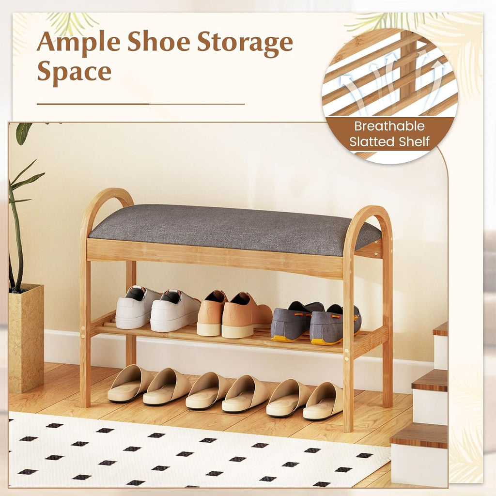 Giantex Shoe Rack Bench, Bamboo 2-Tier Entryway Bench with Padded Cushion, Shoe Storage Bench for Hallway, Closet, Foyer, Living Room, Bedroom, Mudroom