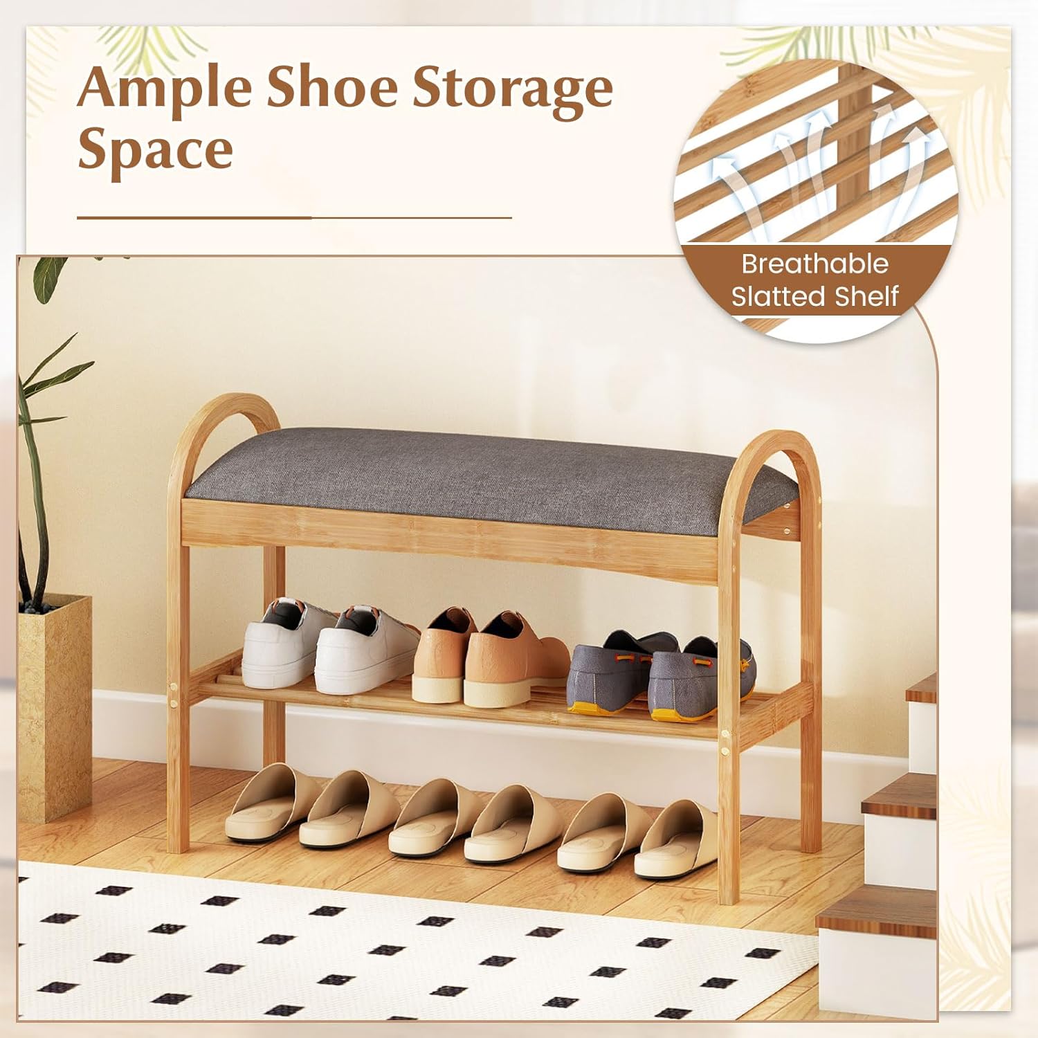 Giantex Shoe Rack Bench, Bamboo 2-Tier Entryway Bench with Padded Cushion, Shoe Storage Bench for Hallway, Closet, Foyer, Living Room, Bedroom, Mudroom