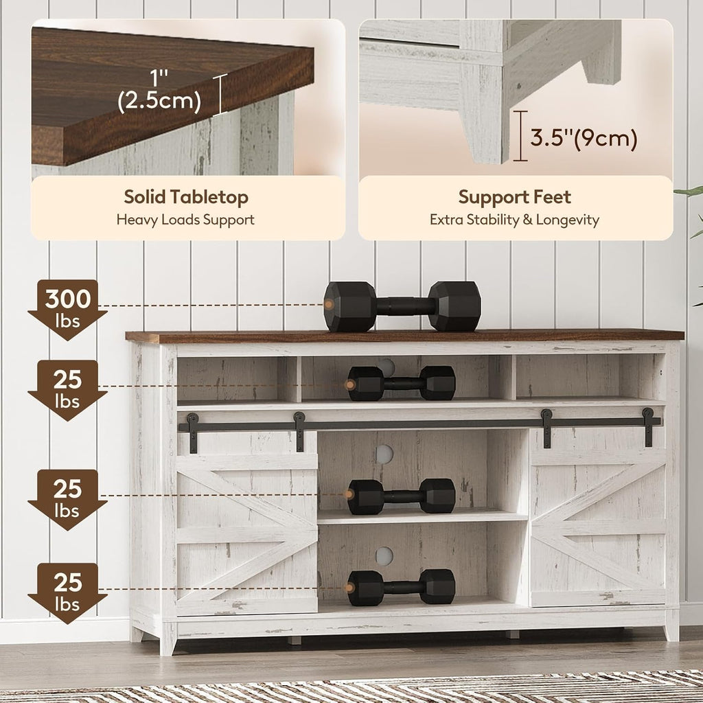 Lifewit Farmhouse TV Stand for up to 65" TV, Entertainment Center with Ajustable Shelves, Sliding Barn Door and Open Storage Spaces, TV Console for Living Room, Bedroom, Hold 300lbs, Rustic White