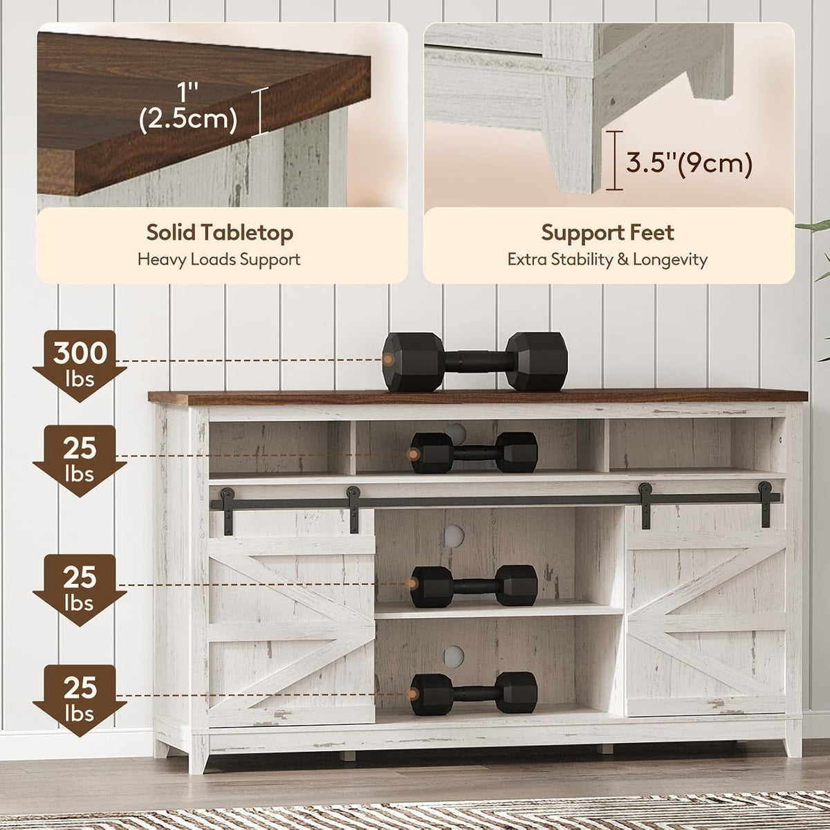 Lifewit Farmhouse TV Stand for up to 65" TV, Entertainment Center with Ajustable Shelves, Sliding Barn Door and Open Storage Spaces, TV Console for Living Room, Bedroom, Hold 300lbs, Rustic White