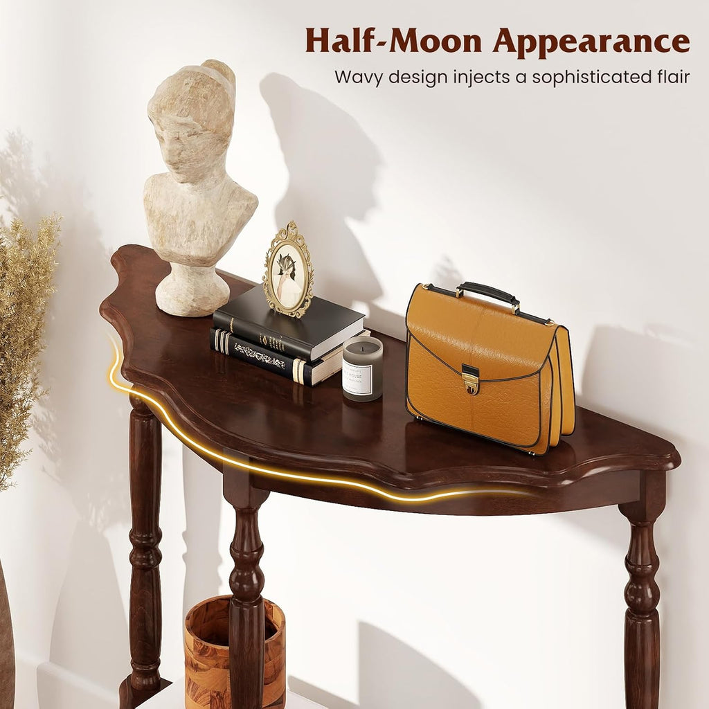 GOFLAME Half Moon Entryway Table, Retro Console Table with Storage Shelf & Solid Rubber Wood Legs, Vintage Display Accent Table, 2-Tier Curved Sofa Table for Living Room, Hallway, Entry, Walnut