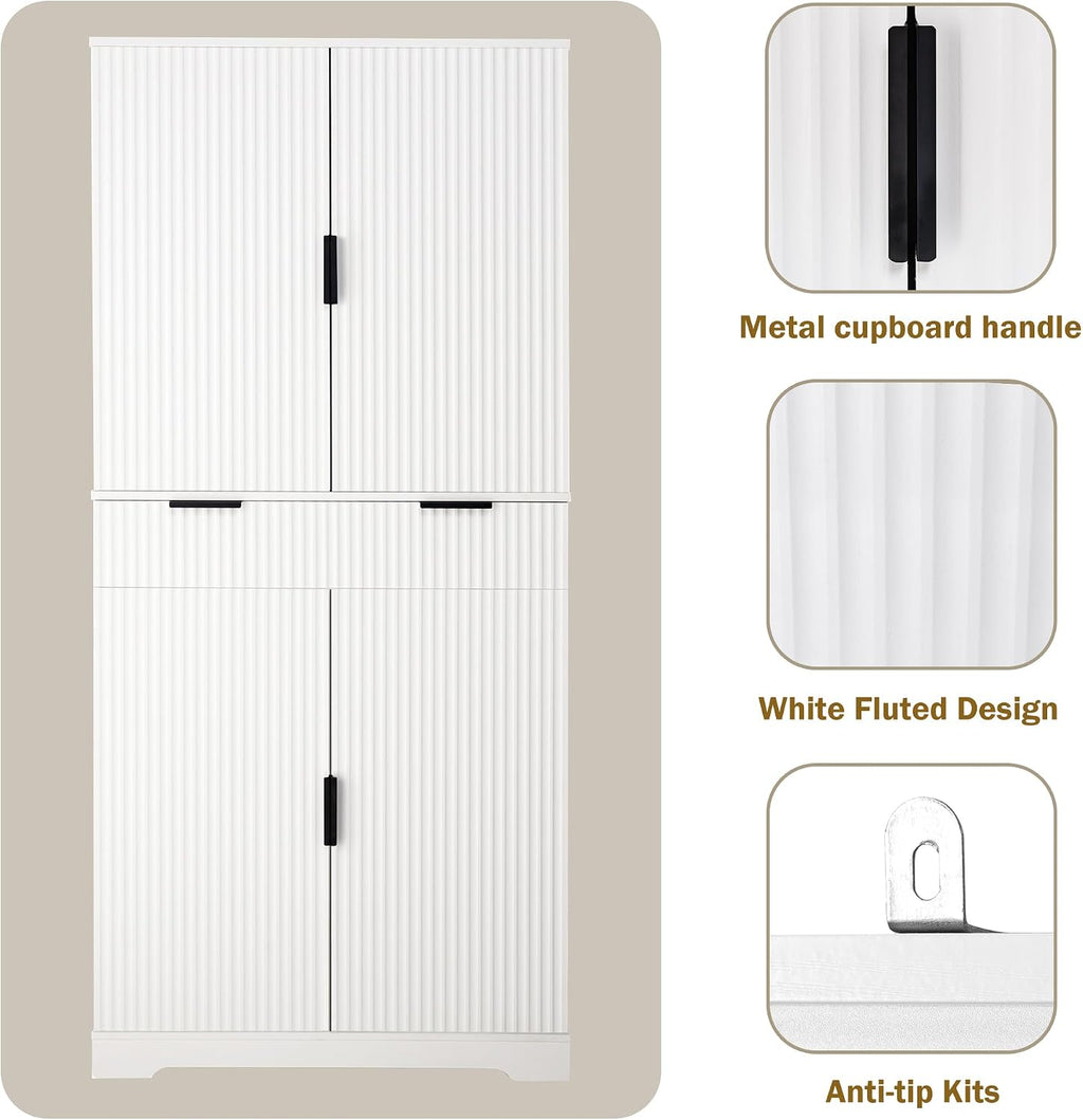 Tall Freestanding Pantry with Grooved Doors – MDF Storage Unit with 3 Pull-Out Drawers and 6 Spice Racks for Kitchen, Entryway, or Dining Room (White)