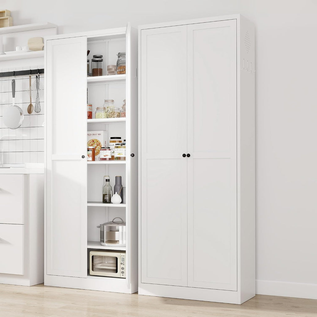 Kitchen Pantry Cabinet, 72" Tall White Metal Storage Cabinet, Kitchen Storage with 2 Doors and 5 Adjustable Shelves, Freestanding Cupboard for Living, Dining Room and Bathroom,Assemble Required