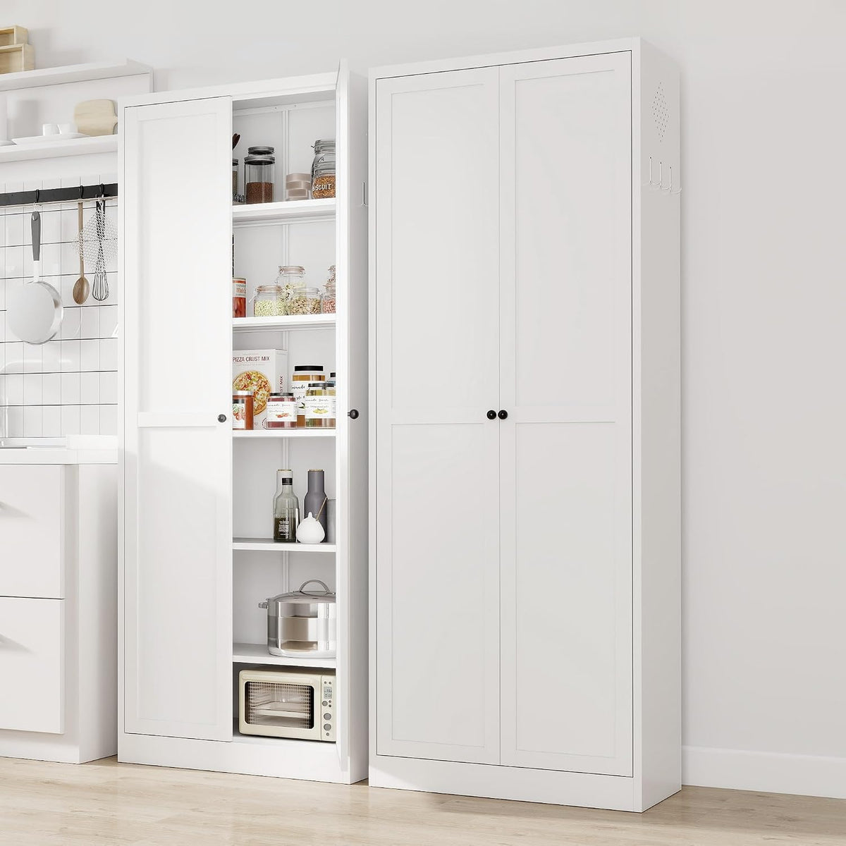 Kitchen Pantry Cabinet, 72" Tall White Metal Storage Cabinet, Kitchen Storage with 2 Doors and 5 Adjustable Shelves, Freestanding Cupboard for Living, Dining Room and Bathroom,Assemble Required