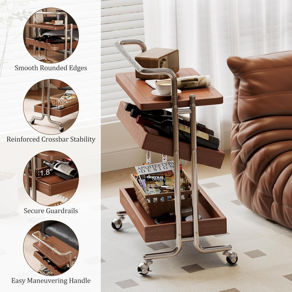 CycleCrew Solid Wood Rolling End Table Cart with Adjustable Storage - 3-Tier Stainless Steel Fame Side Table on Wheels Narrow Bedside Storage Table Small Bar Serving Cart for Living Room