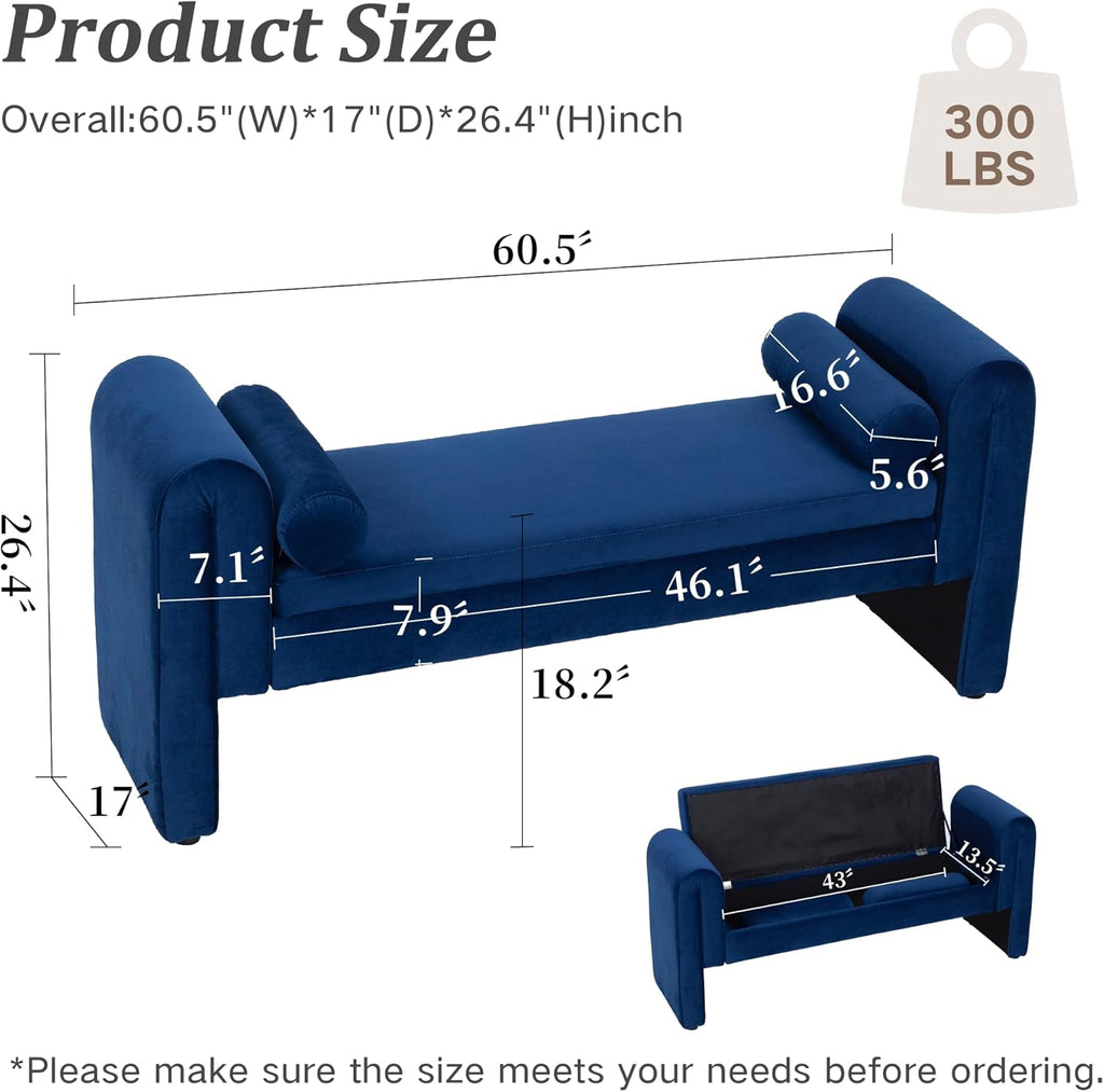 60.5" End of Bed Bench, Velvet Bedroom Bench,King Bed Bench,with 2 Pillows,Upholstered Bench,Suitable for End of Bed, Entryway Living Room,Bedroom. (Velvet Blue)