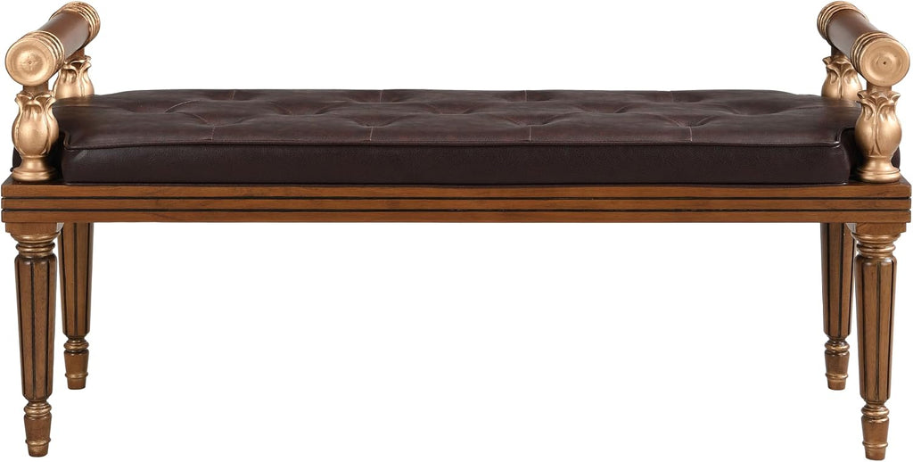 Christopher Knight Home Yae Luxurious PU Leather Upholstered End of Bed Ottoman, Wooden Living Room Ottoman Bench with Fluted Legs/Cylindrical Arm, Long Entryway Bench with Button Tufting, Brown