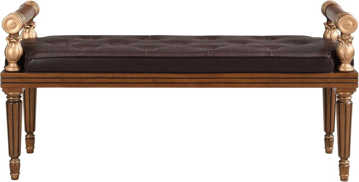 Christopher Knight Home Yae Luxurious PU Leather Upholstered End of Bed Ottoman, Wooden Living Room Ottoman Bench with Fluted Legs/Cylindrical Arm, Long Entryway Bench with Button Tufting, Brown