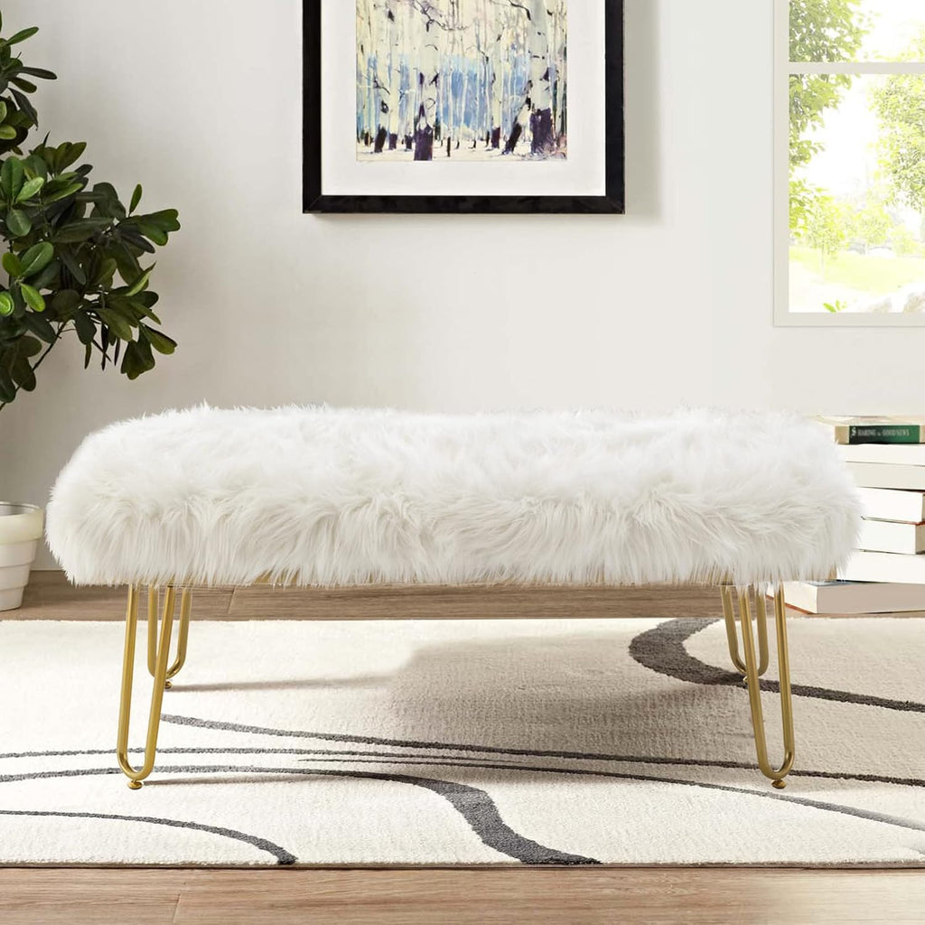 White Faux Fur Ottoman Bench Upholstered Furry Entryway Bedroom Bench with Gold Metal Legs, Modern Contemporary Long Bench Ottoman Hair Foot Rest Stool for Entryway, Living Room, Bedroom