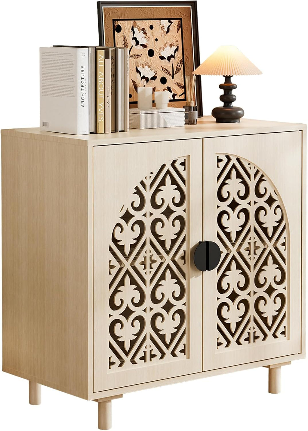 Decorative Storage Cabinet Sideboard with Hollow Carved Panels, 2 Doors, Natural Wood, 29.8 x 31.6 x 15.8 Inches. [Beige, 1pc]