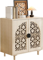 Decorative Storage Cabinet Sideboard with Hollow Carved Panels, 2 Doors, Natural Wood, 29.8 x 31.6 x 15.8 Inches. [Beige, 1pc]