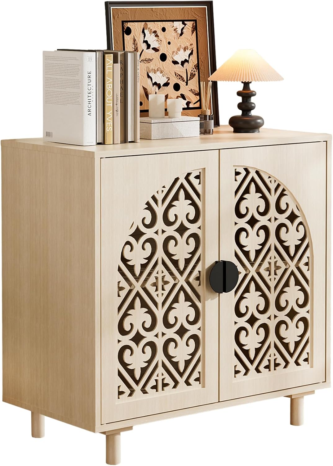 Decorative Storage Cabinet Sideboard with Hollow Carved Panels, 2 Doors, Natural Wood, 29.8 x 31.6 x 15.8 Inches. [Beige, 1pc]