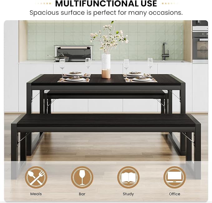SHA CERLIN Kitchen Dining Table Set for 4 with Benches, Rustic Small Space Saving Dinette, Heavy Duty Metal Frame