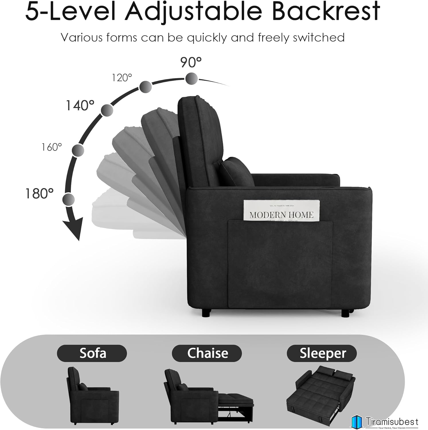 54'' Sleeper Sofa Bed, Convertible Pull Out Couch Futon for for Living Room,Apartment (Black, Loveseat) Side Pockets, Velvet Fabric, Adjustable Backrest, Pull-Out Bed, Easy Assembly